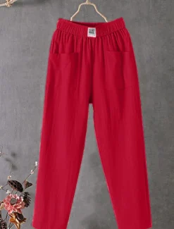 Women's Normal Cotton Linen Pants Chinos Baggy Pants Solid Comfort Ankle-Length Mid Waist Side Pockets Elastic Waist Baggy Comfort Micro-elastic Casual Daily Black White Red Green Summer Spring Fall Women Pants