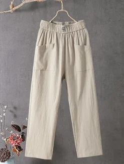 Women's Normal Cotton Linen Pants Chinos Baggy Pants Solid Comfort Ankle-Length Mid Waist Side Pockets Elastic Waist Baggy Comfort Micro-elastic Casual Daily Black White Red Green Summer Spring Fall Women Pants