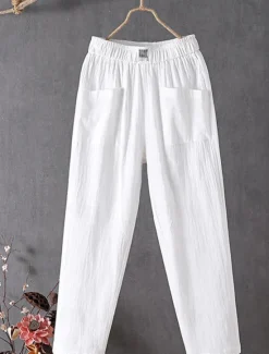 Women's Normal Cotton Linen Pants Chinos Baggy Pants Solid Comfort Ankle-Length Mid Waist Side Pockets Elastic Waist Baggy Comfort Micro-elastic Casual Daily Black White Red Green Summer Spring Fall Women Pants