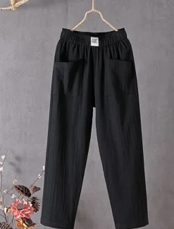 Women's Normal Cotton Linen Pants Chinos Baggy Pants Solid Comfort Ankle-Length Mid Waist Side Pockets Elastic Waist Baggy Comfort Micro-elastic Casual Daily Black White Red Green Summer Spring Fall Women Pants