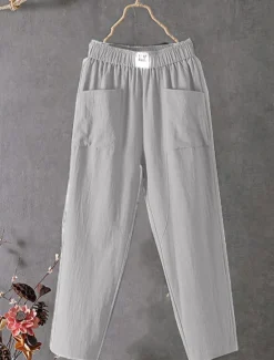 Women's Normal Cotton Linen Pants Chinos Baggy Pants Solid Comfort Ankle-Length Mid Waist Side Pockets Elastic Waist Baggy Comfort Micro-elastic Casual Daily Black White Red Green Summer Spring Fall Women Pants