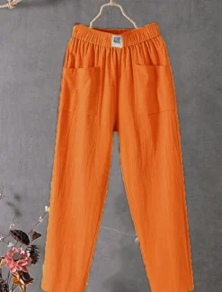 Women's Normal Cotton Linen Pants Chinos Baggy Pants Solid Comfort Ankle-Length Mid Waist Side Pockets Elastic Waist Baggy Comfort Micro-elastic Casual Daily Black White Red Green Summer Spring Fall Women Pants