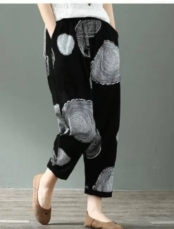 Sale Women's Normal Cotton Linen Pants Chinos Pants Trousers Fashion Ankle-Length Mid Waist Plain Side Pockets Baggy Comfort Micro-elastic Work Casual Weekend Black-White Black+Grey Black White Summer Women Pants