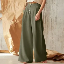 Best Women's Normal Culottes Wide Leg Wide Leg Cotton Linen Pants Fashion Full Length Mid Waist Plain Side Pockets Wide Leg Baggy Comfort Inelastic Casual Weekend Black Green Khaki Summer Spring & Fall Women Pants
