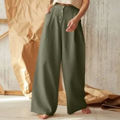 Best Women's Normal Culottes Wide Leg Wide Leg Cotton Linen Pants Fashion Full Length Mid Waist Plain Side Pockets Wide Leg Baggy Comfort Inelastic Casual Weekend Black Green Khaki Summer Spring & Fall Women Pants