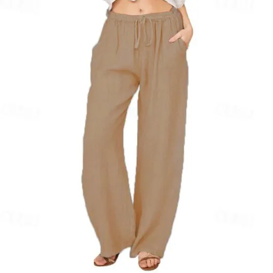 Online Women's Normal Culottes Wide Leg Wide Leg Cotton Linen Pants Fashion Full Length Mid Waist Plain Side Pockets Wide Leg Baggy Comfort Inelastic Casual Weekend Light Blue Black White Wine Loose Fit Women Pants