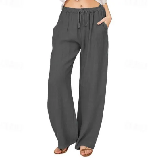 Online Women's Normal Culottes Wide Leg Wide Leg Cotton Linen Pants Fashion Full Length Mid Waist Plain Side Pockets Wide Leg Baggy Comfort Inelastic Casual Weekend Light Blue Black White Wine Loose Fit Women Pants