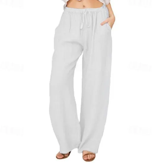 Online Women's Normal Culottes Wide Leg Wide Leg Cotton Linen Pants Fashion Full Length Mid Waist Plain Side Pockets Wide Leg Baggy Comfort Inelastic Casual Weekend Light Blue Black White Wine Loose Fit Women Pants