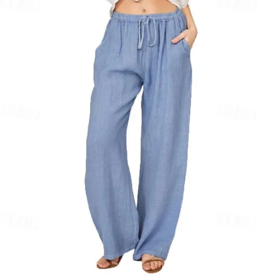 Online Women's Normal Culottes Wide Leg Wide Leg Cotton Linen Pants Fashion Full Length Mid Waist Plain Side Pockets Wide Leg Baggy Comfort Inelastic Casual Weekend Light Blue Black White Wine Loose Fit Women Pants