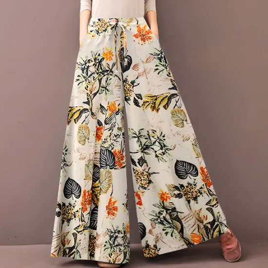 Hot Women's Normal Culottes Wide Leg Wide Leg Pants Trousers Fashion Full Length Mid Waist Flower / Floral Side Pockets Baggy High Cut Comfort Inelastic Casual Weekend Yellow Red Deep Blue Summer Spring Women Pants