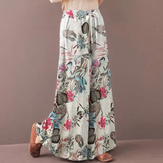 Hot Women's Normal Culottes Wide Leg Wide Leg Pants Trousers Fashion Full Length Mid Waist Flower / Floral Side Pockets Baggy High Cut Comfort Inelastic Casual Weekend Yellow Red Deep Blue Summer Spring Women Pants