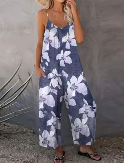 Discount Women's Normal Dungarees Jumpsuit Streetwear Floral Sleeveless U Neck Print Street Daily Regular Fit Blue Khaki Summer Women Jumpsuits