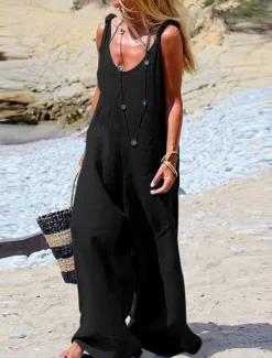 Discount Women's Normal Dungarees Overall Streetwear Solid Color Sleeveless V Neck Street Daily Regular Fit Black Navy Blue Light Blue Summer Women Overalls