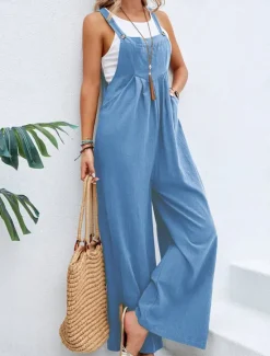 Outlet Women's Normal Dungarees Overall Streetwear Solid Color Sleeveless Square Neck Buttons Pocket Street Daily Regular Fit Black Pink Wine Summer Women Overalls