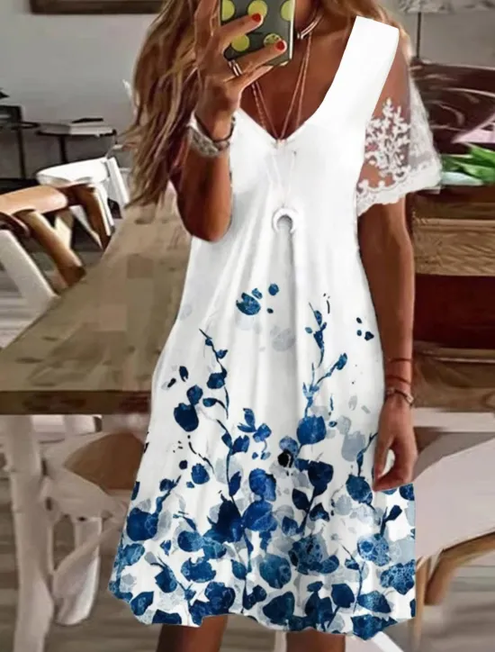 New Women's Normal EU / US Size Midi Dress Long Sleeve Boho Dress Sundress Elegant Dress Elegant Bohemia Tropical Lace Sleeve Party Daily Date Loose Fit Floral Marble Short Sleeve V Neck Light Pink White Women Floral Dresses|Spring Dresses