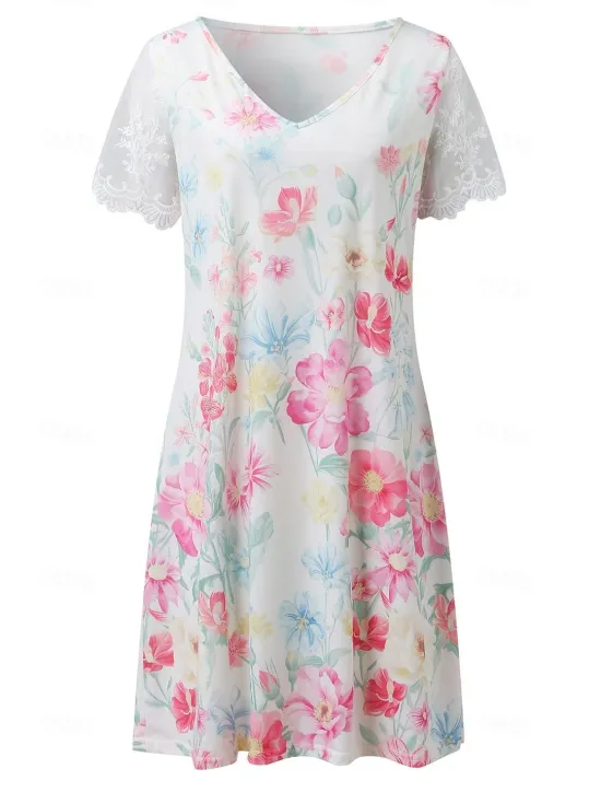 New Women's Normal EU / US Size Midi Dress Long Sleeve Boho Dress Sundress Elegant Dress Elegant Bohemia Tropical Lace Sleeve Party Daily Date Loose Fit Floral Marble Short Sleeve V Neck Light Pink White Women Floral Dresses|Spring Dresses