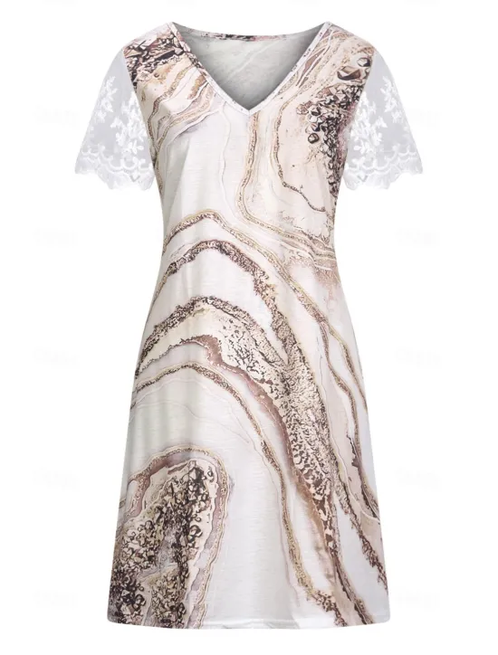 New Women's Normal EU / US Size Midi Dress Long Sleeve Boho Dress Sundress Elegant Dress Elegant Bohemia Tropical Lace Sleeve Party Daily Date Loose Fit Floral Marble Short Sleeve V Neck Light Pink White Women Floral Dresses|Spring Dresses