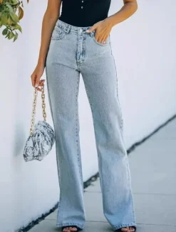Online Women's Normal Jeans Bootcut Stylish Casual Daily Full Length Medium Waist Solid Color Pocket Comfy Breathable Soft Micro-elastic Office Causal Spring & Fall Loose Fit Women Pants
