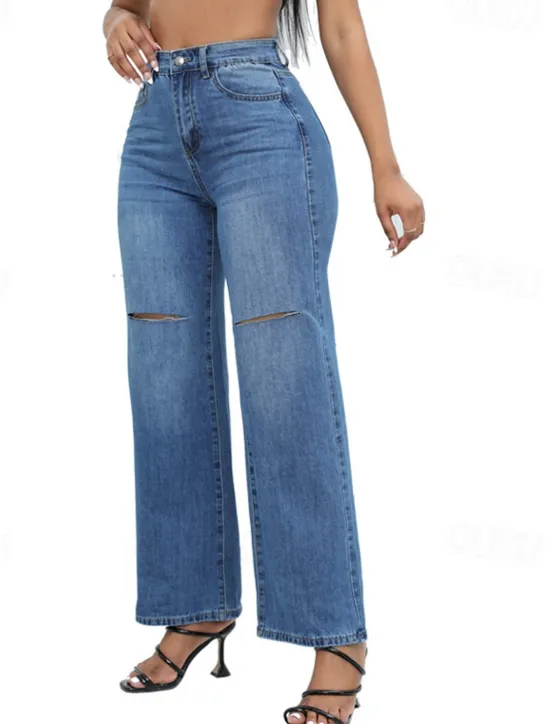 Sale Women's Normal Jeans Streetwear Stylish Full Length High Waist Solid Color Pocket Comfy Breathability Soft Micro-elastic Street Daily Light Blue Dark Blue Spring & Fall Loose Fit Women Pants