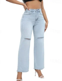 Sale Women's Normal Jeans Streetwear Stylish Full Length High Waist Solid Color Pocket Comfy Breathability Soft Micro-elastic Street Daily Light Blue Dark Blue Spring & Fall Loose Fit Women Pants