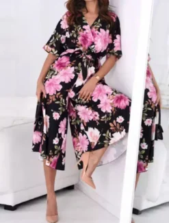 Hot Women's Normal Jumpsuit Active Floral Half Sleeve V Neck High Waist Vacation Daily Regular Fit Summer Women Spring Dresses|Jumpsuits