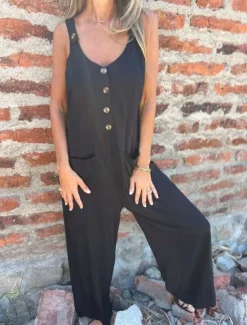 Online Women's Normal Jumpsuit Active Solid Color Sleeveless U Neck Buttons Pocket Vacation Daily Regular Fit Black White Blue Summer Women Jumpsuits