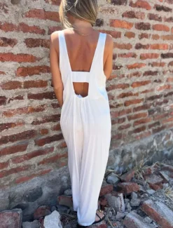 Online Women's Normal Jumpsuit Active Solid Color Sleeveless U Neck Buttons Pocket Vacation Daily Regular Fit Black White Blue Summer Women Jumpsuits