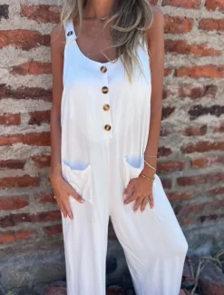 Online Women's Normal Jumpsuit Active Solid Color Sleeveless U Neck Buttons Pocket Vacation Daily Regular Fit Black White Blue Summer Women Jumpsuits