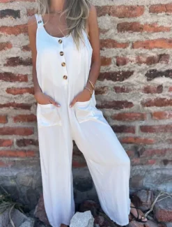 Online Women's Normal Jumpsuit Active Solid Color Sleeveless U Neck Buttons Pocket Vacation Daily Regular Fit Black White Blue Summer Women Jumpsuits