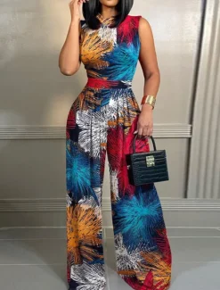 Sale Women's Normal Jumpsuit Active Floral Sleeveless Wide Leg Round Neck High Waist Print Vacation Daily Regular Fit Pink Navy Blue Blue Summer Women Jumpsuits|Graphic Jumpsuit