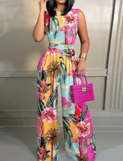 Sale Women's Normal Jumpsuit Active Floral Sleeveless Wide Leg Round Neck High Waist Print Vacation Daily Regular Fit Pink Navy Blue Blue Summer Women Jumpsuits|Graphic Jumpsuit
