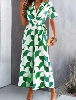 Women's Normal Jumpsuit Active Geometric Short Sleeve Wide Leg Shirt Collar Lace up High Waist Vacation Daily Regular Fit Black Red Green Summer Women Graphic Jumpsuit