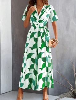 Women's Normal Jumpsuit Active Geometric Short Sleeve Wide Leg Shirt Collar Lace up High Waist Vacation Daily Regular Fit Black Red Green Summer Women Graphic Jumpsuit
