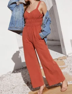 Sale Women's Normal Jumpsuit Active Solid Color Sleeveless V Neck Backless Pocket Vacation Daily Regular Fit Summer Women Jumpsuits