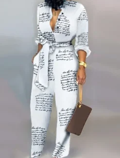 Clearance Women's Normal Jumpsuit Active Leopard Long Sleeve Shirt Collar High Waist Vacation Daily Regular Fit White Brown Gray Summer Women Jumpsuits
