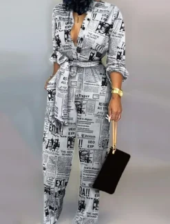 Clearance Women's Normal Jumpsuit Active Leopard Long Sleeve Shirt Collar High Waist Vacation Daily Regular Fit White Brown Gray Summer Women Jumpsuits