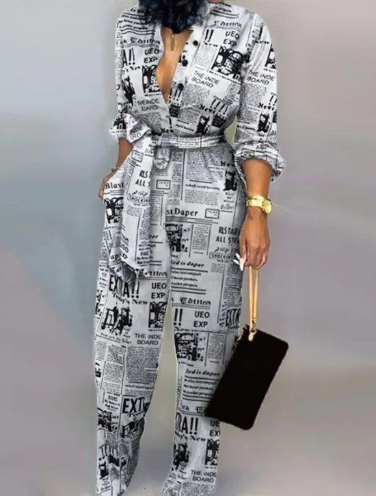 Clearance Women's Normal Jumpsuit Active Leopard Long Sleeve Shirt Collar High Waist Vacation Daily Regular Fit White Brown Gray Summer Women Jumpsuits