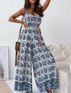 Best Women's Normal Jumpsuit Active Graphic Sleeveless Wide Leg V Neck High Waist Vacation Daily Regular Fit Navy Blue Blue Apricot Summer Women Jumpsuits|Graphic Jumpsuit