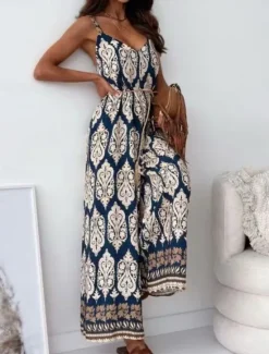 Best Women's Normal Jumpsuit Active Graphic Sleeveless Wide Leg V Neck High Waist Vacation Daily Regular Fit Navy Blue Blue Apricot Summer Women Jumpsuits|Graphic Jumpsuit