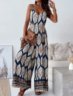 Best Women's Normal Jumpsuit Active Graphic Sleeveless Wide Leg V Neck High Waist Vacation Daily Regular Fit Navy Blue Blue Apricot Summer Women Jumpsuits|Graphic Jumpsuit