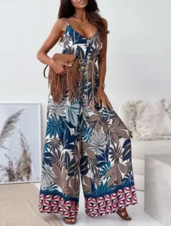 Best Women's Normal Jumpsuit Active Graphic Sleeveless Wide Leg V Neck High Waist Vacation Daily Regular Fit Navy Blue Blue Apricot Summer Women Jumpsuits|Graphic Jumpsuit