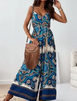 Best Women's Normal Jumpsuit Active Graphic Sleeveless Wide Leg V Neck High Waist Vacation Daily Regular Fit Navy Blue Blue Apricot Summer Women Jumpsuits|Graphic Jumpsuit