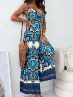 Best Women's Normal Jumpsuit Active Graphic Sleeveless Wide Leg V Neck High Waist Vacation Daily Regular Fit Navy Blue Blue Apricot Summer Women Jumpsuits|Graphic Jumpsuit