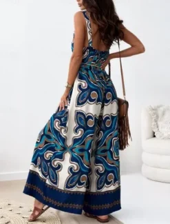 Best Women's Normal Jumpsuit Active Graphic Sleeveless Wide Leg V Neck High Waist Vacation Daily Regular Fit Navy Blue Blue Apricot Summer Women Jumpsuits|Graphic Jumpsuit
