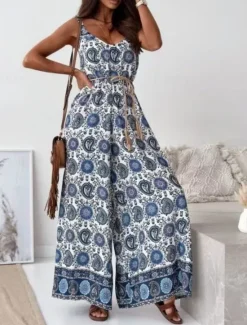 Best Women's Normal Jumpsuit Active Graphic Sleeveless Wide Leg V Neck High Waist Vacation Daily Regular Fit Navy Blue Blue Apricot Summer Women Jumpsuits|Graphic Jumpsuit