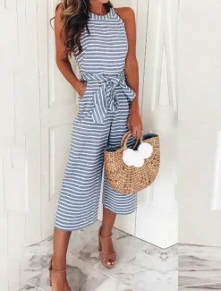 Clearance Women's Normal Jumpsuit Active Striped Sleeveless Halter Neck Pocket Print Vacation Daily Regular Fit Pink Blue Green Summer Women Jumpsuits|Graphic Jumpsuit