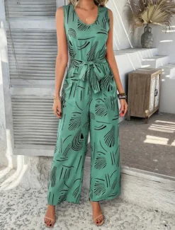 Discount Women's Normal Jumpsuit Active Graphic Sleeveless Wide Leg U Neck High Waist Vacation Daily Regular Fit Black Red Green Summer Women Jumpsuits|Graphic Jumpsuit