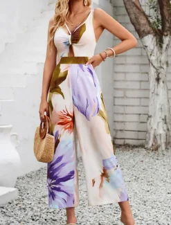 Sale Women's Normal Jumpsuit Active Floral Sleeveless V Neck High Waist Vacation Daily Regular Fit Purple Orange Summer Women Jumpsuits