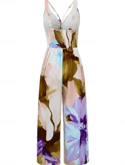 Sale Women's Normal Jumpsuit Active Floral Sleeveless V Neck High Waist Vacation Daily Regular Fit Purple Orange Summer Women Jumpsuits