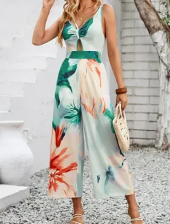 Sale Women's Normal Jumpsuit Active Floral Sleeveless V Neck High Waist Vacation Daily Regular Fit Purple Orange Summer Women Jumpsuits